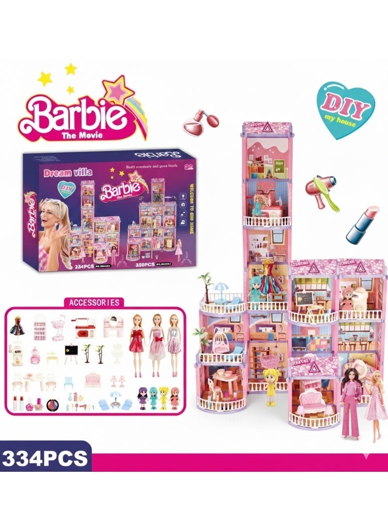 Mattel Games Barbie The Movie Dream Villa DIY Dollhouse Playset - 334 Pcs Luxury Multi-Story Castle with Furniture, Accessories & Dolls - Creative Building Toy for Girls - Image 2