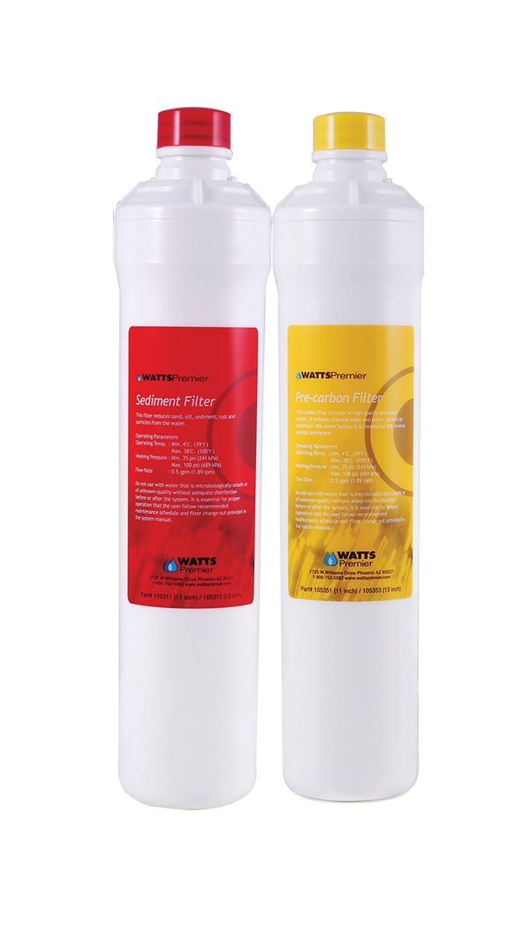 Watts Premier مجموعة فلترة واتس بريمير نصف سنوية RO بيور بلس 2-pack لنظام التناضح العكسي 4 مراحل بيور بلس/زيرو بيور بلس، استبدال فلتر مياه بزر ضغط، فلتر رواسب، فلتر كربون مسبق - Image 1