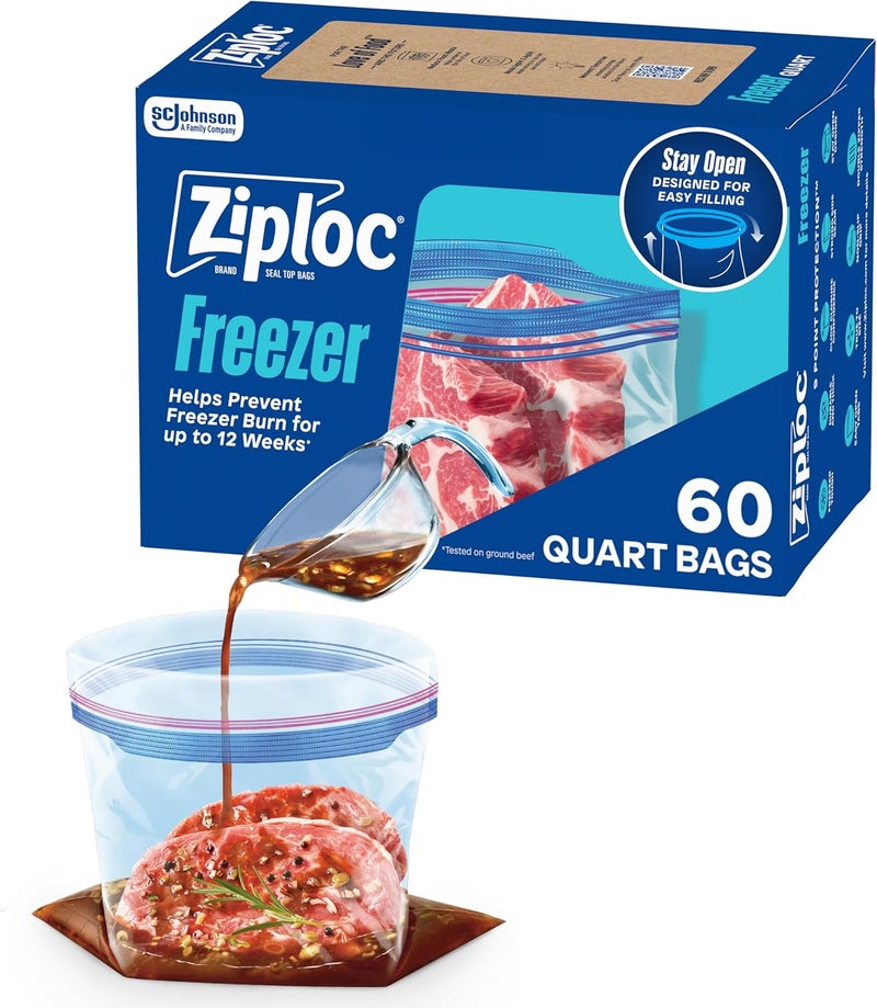 Ziploc Quart Food Storage Freezer Bags, Stay Open Design with Stand-Up Bottom, Easy to Fill, 60 Bags Total - Image 1