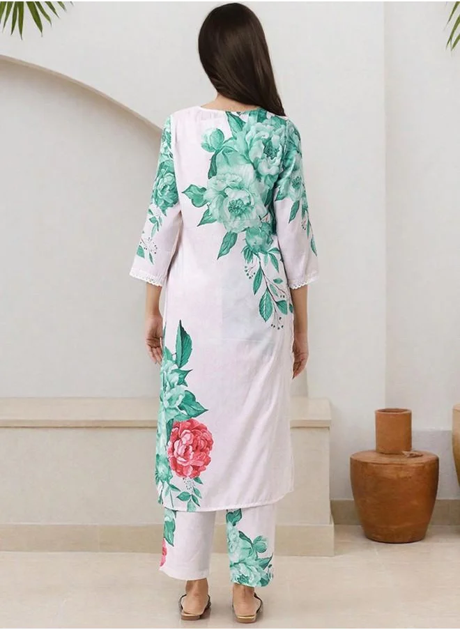 ISHIN Tunic Women Off White Polyester Kurta Set with Embroidered pattern Tunic and Palazzo features a Round neckline and Three-Fourth Sleeve secured with Elastic closure and styled in Straight Fit ideal for Festive moments — designed to make heads turn.