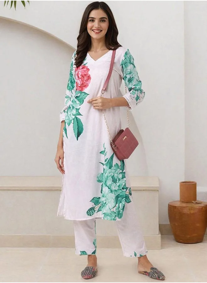 ISHIN Tunic Women Off White Polyester Kurta Set with Embroidered pattern Tunic and Palazzo features a Round neckline and Three-Fourth Sleeve secured with Elastic closure and styled in Straight Fit ideal for Festive moments — designed to make heads turn.
