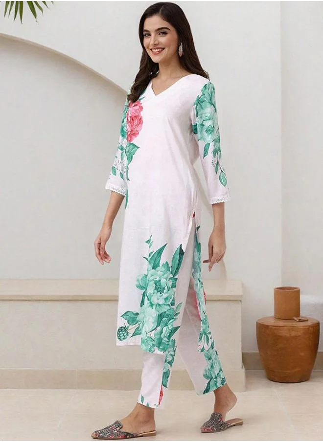 ISHIN Tunic Women Off White Polyester Kurta Set with Embroidered pattern Tunic and Palazzo features a Round neckline and Three-Fourth Sleeve secured with Elastic closure and styled in Straight Fit ideal for Festive moments — designed to make heads turn.