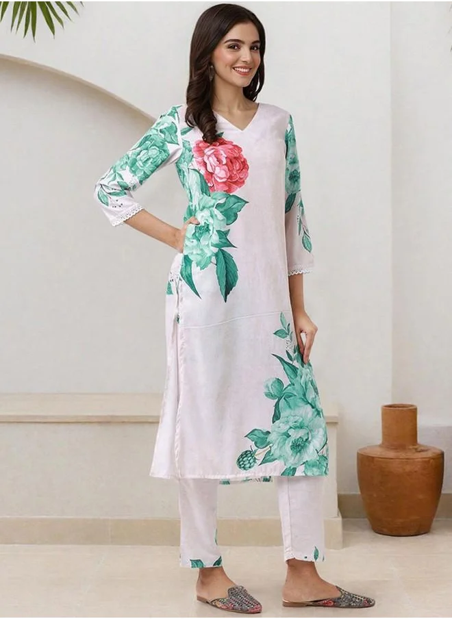 ISHIN Tunic Women Off White Polyester Kurta Set with Embroidered pattern Tunic and Palazzo features a Round neckline and Three-Fourth Sleeve secured with Elastic closure and styled in Straight Fit ideal for Festive moments — designed to make heads turn.
