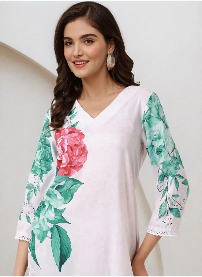 ISHIN Tunic Women Off White Polyester Kurta Set with Embroidered pattern Tunic and Palazzo features a Round neckline and Three-Fourth Sleeve secured with Elastic closure and styled in Straight Fit ideal for Festive moments — designed to make heads turn.