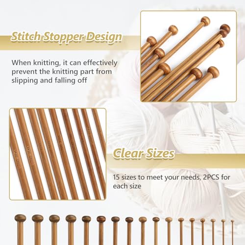 LIHAO 30pcs Bamboo Knitting Needles Set, Wooden Knitting Needles, Knitting Kit Accessories for Beginners Handmade, Single Pointed from 2.0mm-10.0mm - Image 4