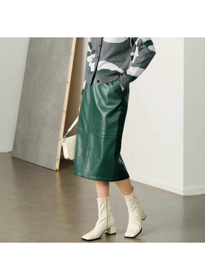 Yanyee Elegant Pu Leather Skirt Women's Winter Simple Commuter Pencil Skirt Green S - Image 1