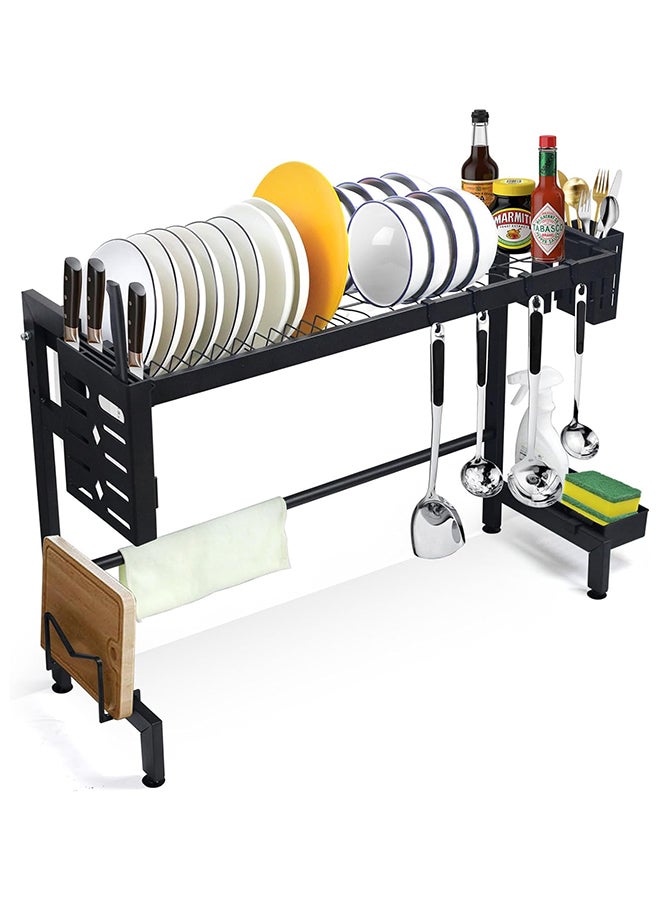 SKY-TOUCH حامل تجفيف الأطباق ومصفاة مع صينية تصريف وسلة للأدوات المطبخية لسطح المطبخ، 75 سم أسود - Image 1