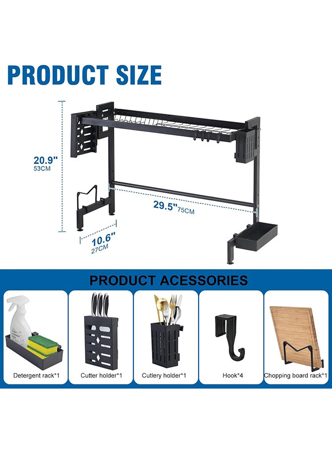 SKY-TOUCH حامل تجفيف الأطباق ومصفاة مع صينية تصريف وسلة للأدوات المطبخية لسطح المطبخ، 75 سم أسود - Image 4