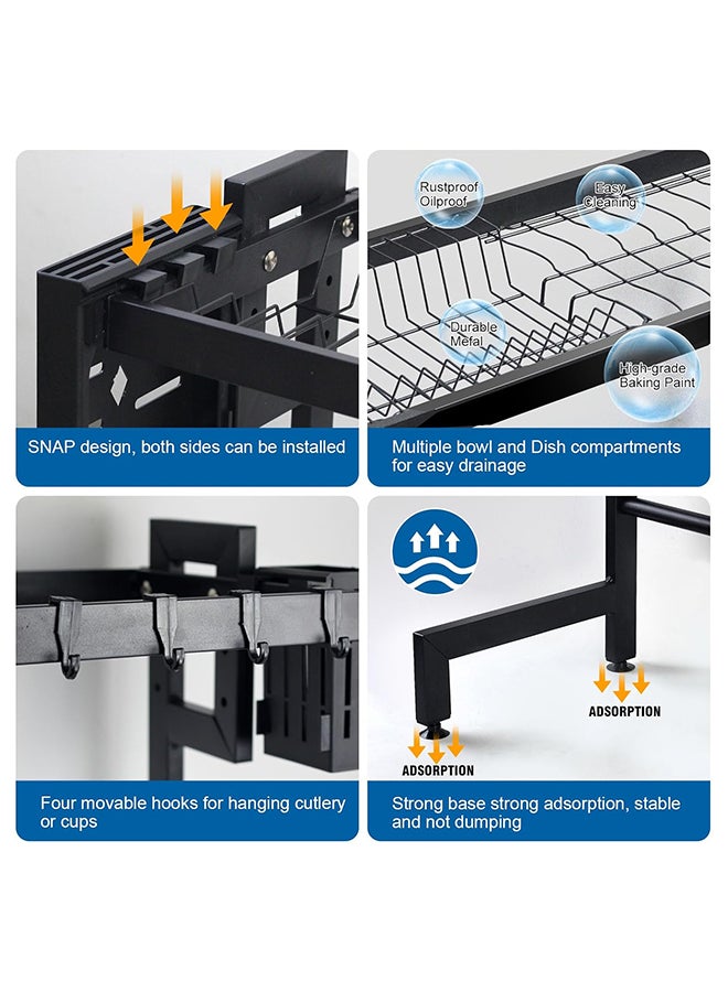 SKY-TOUCH حامل تجفيف الأطباق ومصفاة مع صينية تصريف وسلة للأدوات المطبخية لسطح المطبخ، 75 سم أسود - Image 5