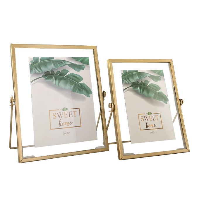 Set of 2 Glass Picture Frames Floating effect Gold Metal Geometric photo Frame with real Glass Cover 4x 4 5 x 7 Gold 5X74X6