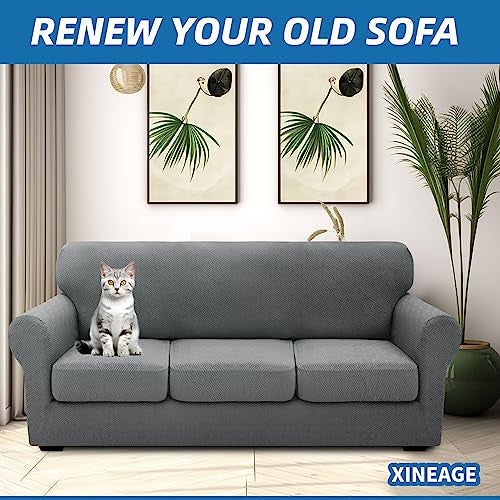 XINEAGE 2025 New 4 Pieces Couch Covers for 3 Cushion Couch Super Stretch Thick Soft Sofa Cover Anti Slip Sofa Slipcover Dogs Cats Furniture Protector (Light Gray, 71"-91") - Image 3