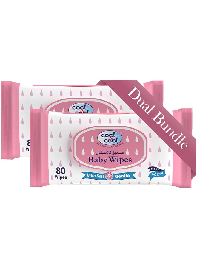 كول اند كول مناديل مبللة للأطفال 80 منديل (عبوة مزدوجة) خالية من الكحول والبارابين وفيتامين E والصبار فائقة النعومة واللطف للبشرة الحساسة والرقيقة 160 منديل - Image 1