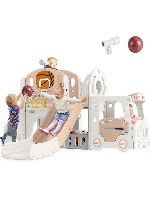 10 in 1 Toddler Slide, Baby Slide for Toddlers Age 1+ with Ring Toss,Basketball Hoop and Bus Play House, Indoor Outdoor Slide Toddler Playset Toddler Playground(85.4" x 74.4")