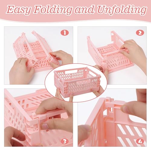 Sondeng 4-Pack Pink Baskets Plastic Storage Crate Small Baskets for Organizing Collapsible Storage Crates for Desk Organizers,Stackable Cute Storage Bins for Classroom,Office,Bathroom 5.9"x 3.9" x 2.3" - Image 3
