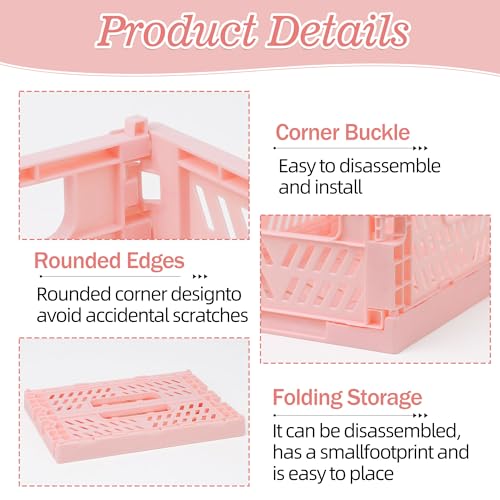 Sondeng 4-Pack Pink Baskets Plastic Storage Crate Small Baskets for Organizing Collapsible Storage Crates for Desk Organizers,Stackable Cute Storage Bins for Classroom,Office,Bathroom 5.9"x 3.9" x 2.3" - Image 4