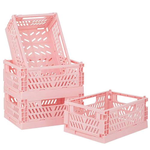 Sondeng 4-Pack Pink Baskets Plastic Storage Crate Small Baskets for Organizing Collapsible Storage Crates for Desk Organizers,Stackable Cute Storage Bins for Classroom,Office,Bathroom 5.9"x 3.9" x 2.3" - Image 1