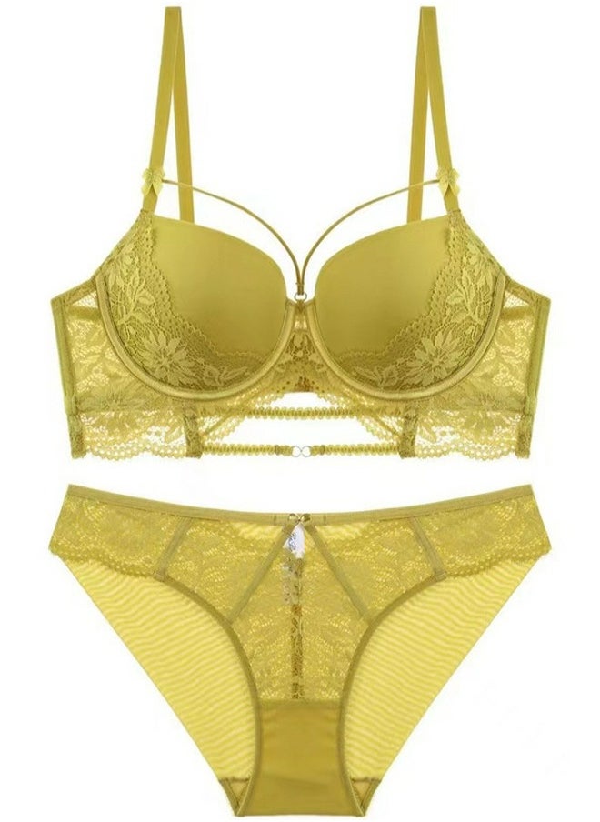 Loquat - Comfy Solid Color Lace Bra And Panty Set Lemon Yellow - Image 1