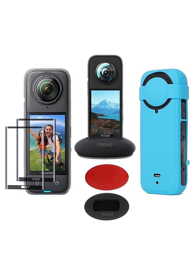 O Ozone O Ozone Silicone Protective Case for Insta360 X4 Accessories + (2 Pack) Tempered Glass Screen Protector Film + Silicone Desktop Base Stand Non-Slip Mount Accessories for Insta360 X4 - Blue  - Image 1