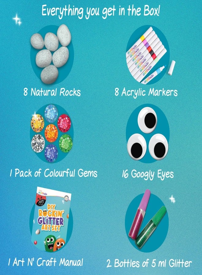 FIRSTCRY INTELLISKILLS مجموعة Intelliskills DIY Rockin' Glitter Art & Craft للأطفال من عمر 6 سنوات فما فوق - 8 أحجار وأقلام تلوين، عيون متحركة، أحجار كريمة، مجموعة أدوات الرسم بالأحجار اللامعة، مجموعة أنشطة إبداعية، معتمدة من BIS، هدية عيد ميلاد - Image 2