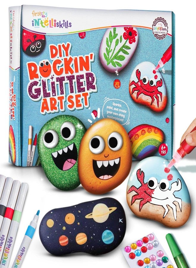 FIRSTCRY INTELLISKILLS مجموعة Intelliskills DIY Rockin' Glitter Art & Craft للأطفال من عمر 6 سنوات فما فوق - 8 أحجار وأقلام تلوين، عيون متحركة، أحجار كريمة، مجموعة أدوات الرسم بالأحجار اللامعة، مجموعة أنشطة إبداعية، معتمدة من BIS، هدية عيد ميلاد - Image 1