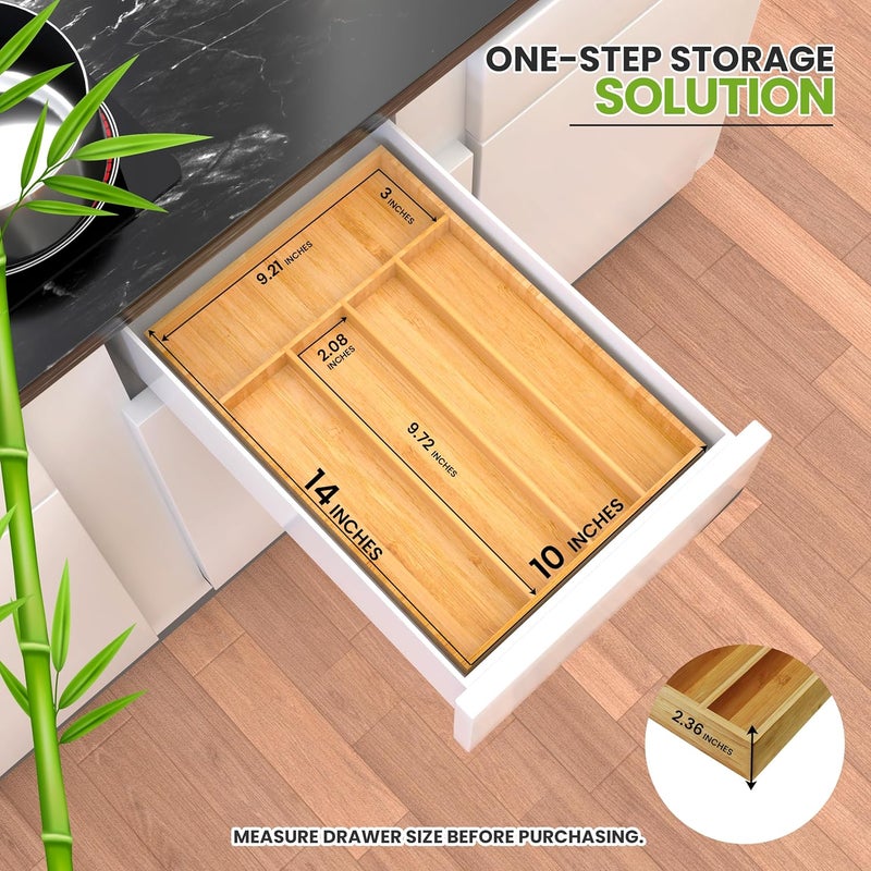 Utopia Kitchen منظم أدوات المائدة، منظم درج أدوات المطبخ من الخيزران للأدوات، أدوات المائدة والأواني (5 أقسام، طبيعي) عبوة من 1 - Image 2