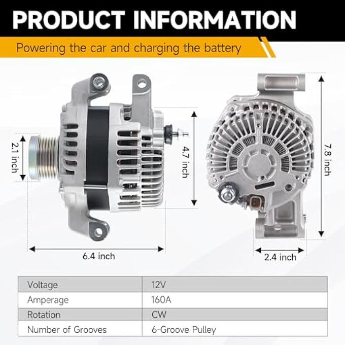 Kolasina 56029624AA Alternator 160A 12V fit for 2015-2017 Chrysler 200,2015-2022 Ram ProMaster 2.4L 2014-2022 Jeep Cherokee Compass Renegade,Replaces 56029624AB - Image 4