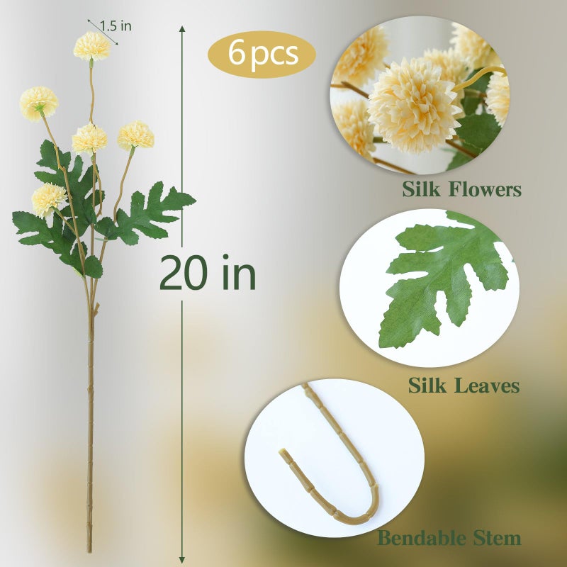 Mizii 6Pcs Yellow Fake Silk Pompon Mum Artificial Flowers Bulk Small Faux Chrysanthemums With Stems Realistic Floral Decorations For Wedding Diy Bouquet Centerpieces Shower Vase Home Decor (Yellow) - Image 2