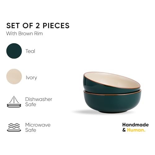 Shay Ceramic Pasta Bowl Set, 18cm, 2 Pieces, Teal Ivory | Glossy Finish | Stoneware Ceramic Serving Bowl | Ceramic Bowl | Pasta Serving Plate (Blate - Teal Ivory) - Image 3