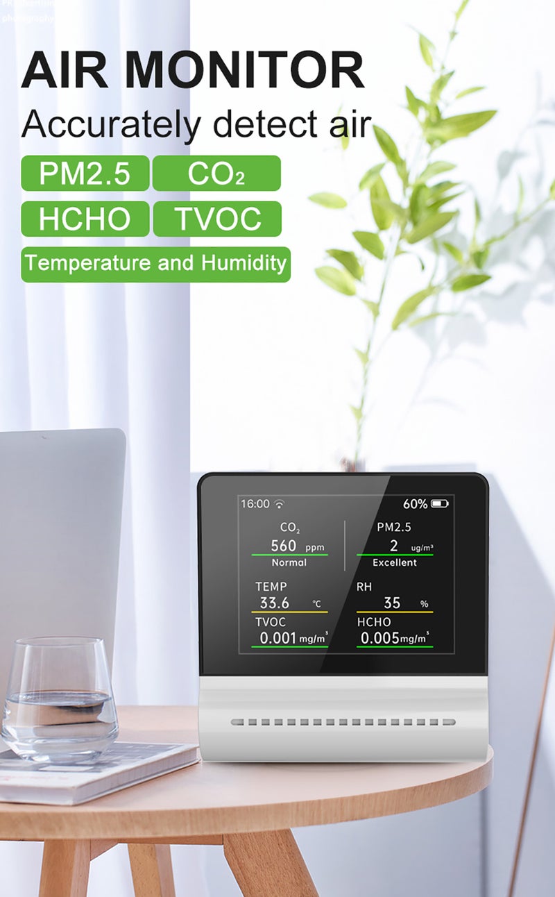 NOYAFA JSM16 5-in-1 Household Air Quality Monitor PM2.5/CO2/HCHO/TVOC Detector Temperature Humidity Tester Rechargeable Desktop Thermometer Hygrometer Formaldehyde Analyzer Real-time Monitoring - Image 2
