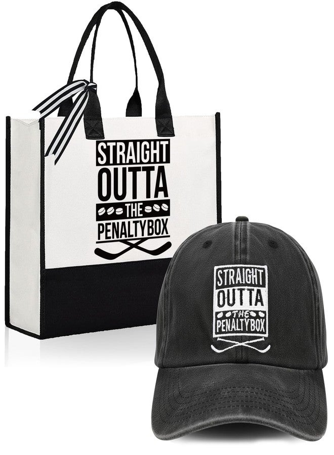 TheClover Straight Outta Penalty Box Gift Set - Canvas Tote Bag and Cotton Baseball Cap, Black & White Hockey Theme, Sporty Fan Accessories for Hockey Enthusiasts - Image 1