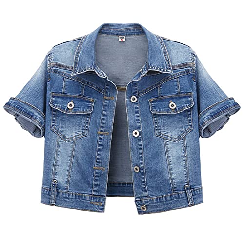 Omoone Women's Summer Short Sleeve Crop Denim Trucker Jacket Jean Coat Tops(DarkBlue-L) - Image 1