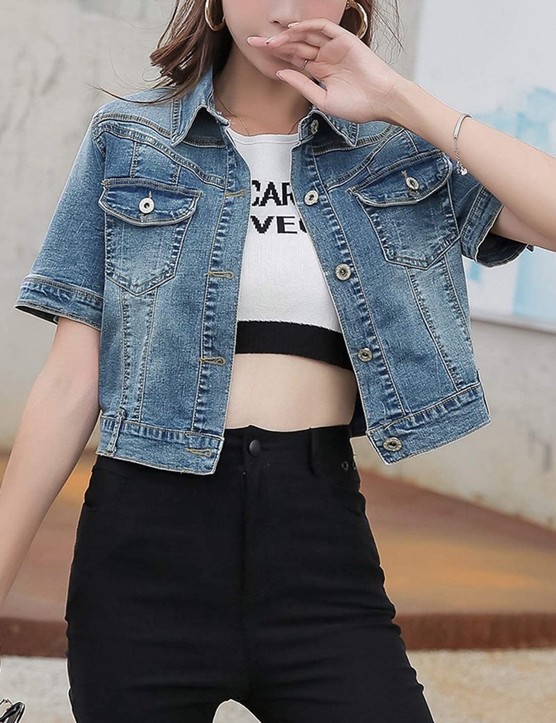 Omoone Women's Summer Short Sleeve Crop Denim Trucker Jacket Jean Coat Tops(DarkBlue-L) - Image 2
