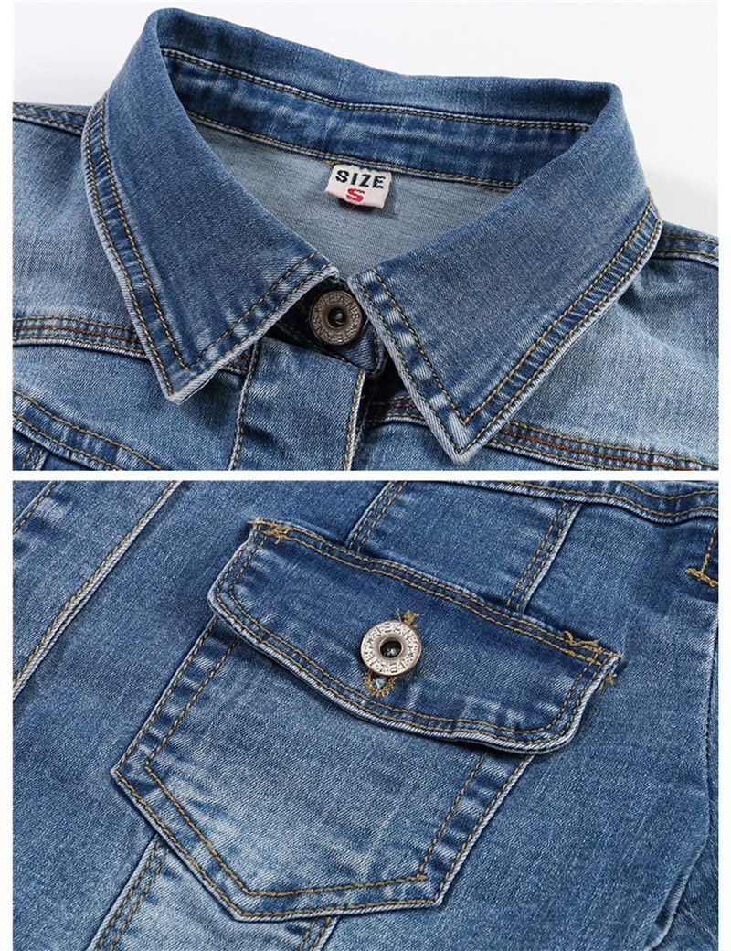 Omoone Women's Summer Short Sleeve Crop Denim Trucker Jacket Jean Coat Tops(DarkBlue-L) - Image 5