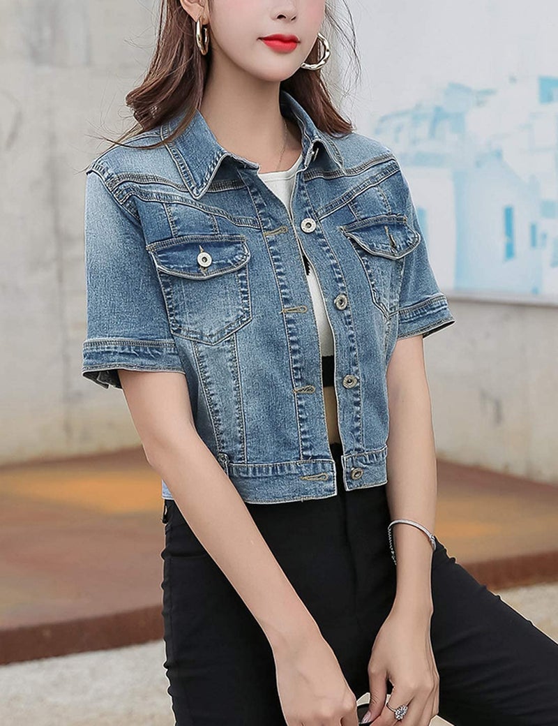 Omoone Women's Summer Short Sleeve Crop Denim Trucker Jacket Jean Coat Tops(DarkBlue-L) - Image 3