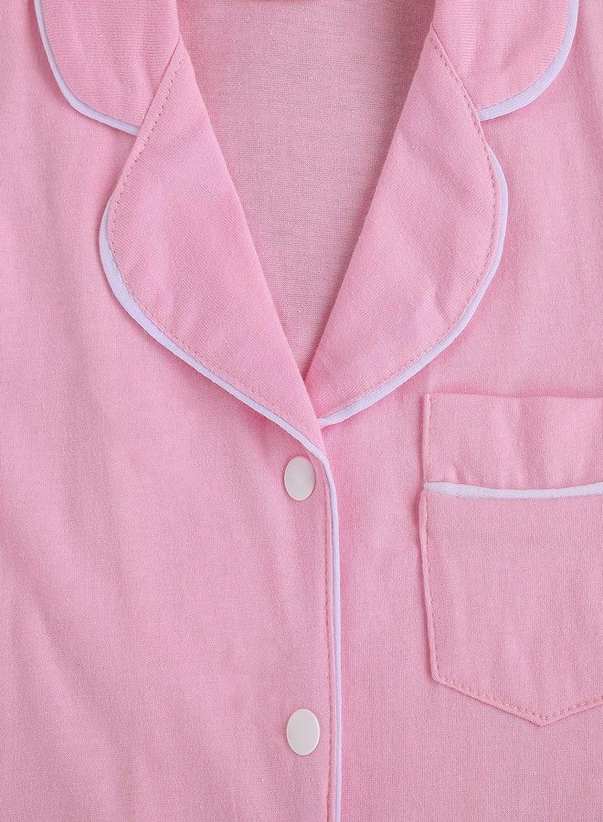 BULINGNA طقم بيجاما صيفي من قطعتين للأطفال الرضع والصغار من بولينجنا، بلوزة بأكمام قصيرة وأزرار أمامية مع شورت، لون وردي - Image 5