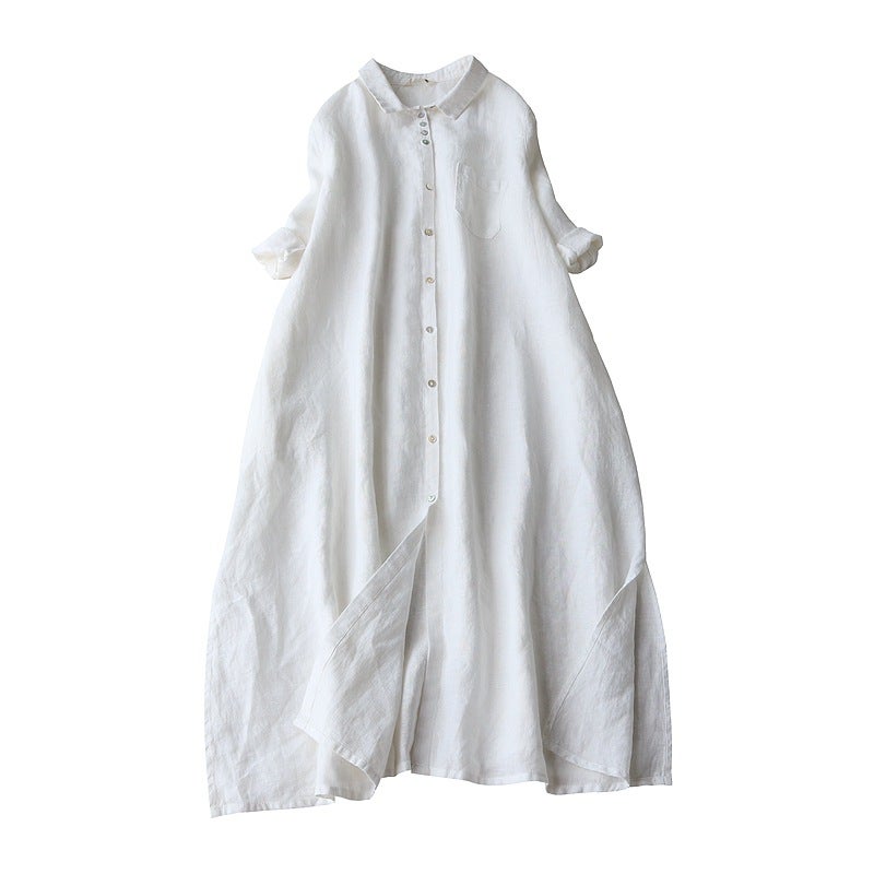 2025 summer linen material lapel long shirt dress generous loose literary seven sleeve womens cardigan coat Black - Image 2