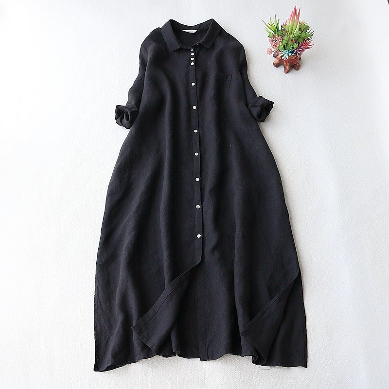2025 summer linen material lapel long shirt dress generous loose literary seven sleeve womens cardigan coat Black - Image 1