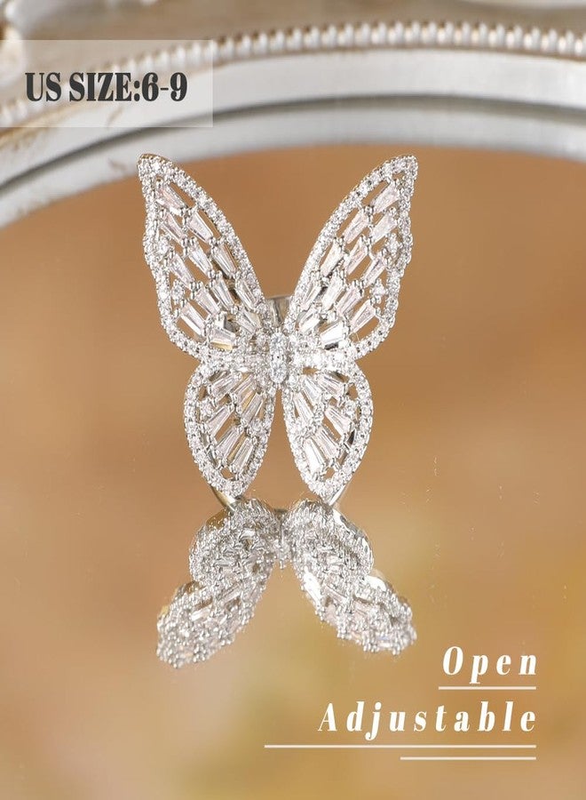 Aimimier Crystal Butterfly Ring Cubic Zirconia Open Adjustable Bow-Knot Knuckle Ring Sparkling Festival Prom Butterfly Jewelry for Women (Silver) - Image 4