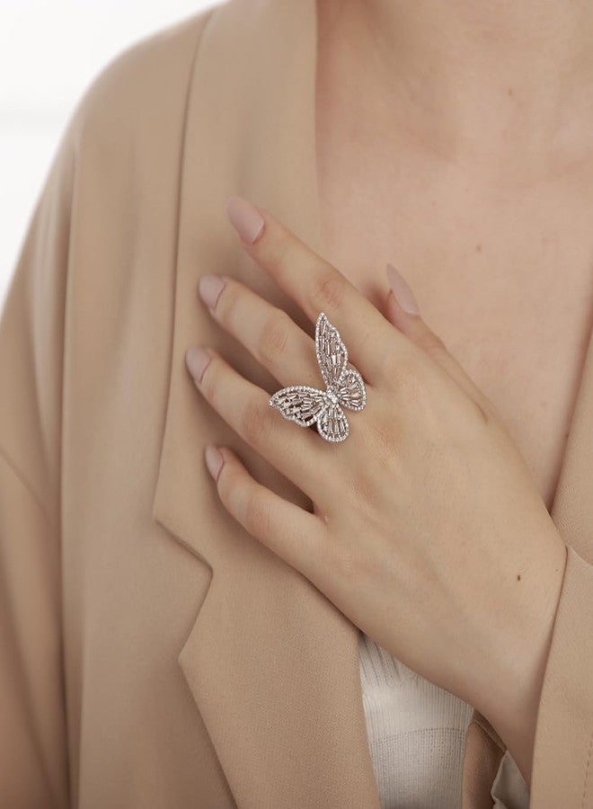 Aimimier Crystal Butterfly Ring Cubic Zirconia Open Adjustable Bow-Knot Knuckle Ring Sparkling Festival Prom Butterfly Jewelry for Women (Silver) - Image 3