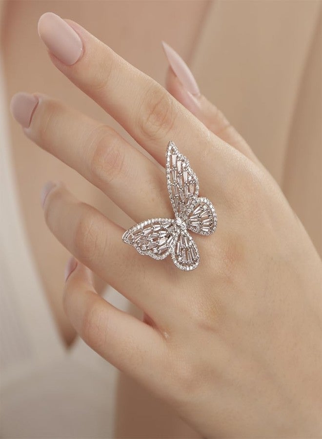 Aimimier Crystal Butterfly Ring Cubic Zirconia Open Adjustable Bow-Knot Knuckle Ring Sparkling Festival Prom Butterfly Jewelry for Women (Silver) - Image 2