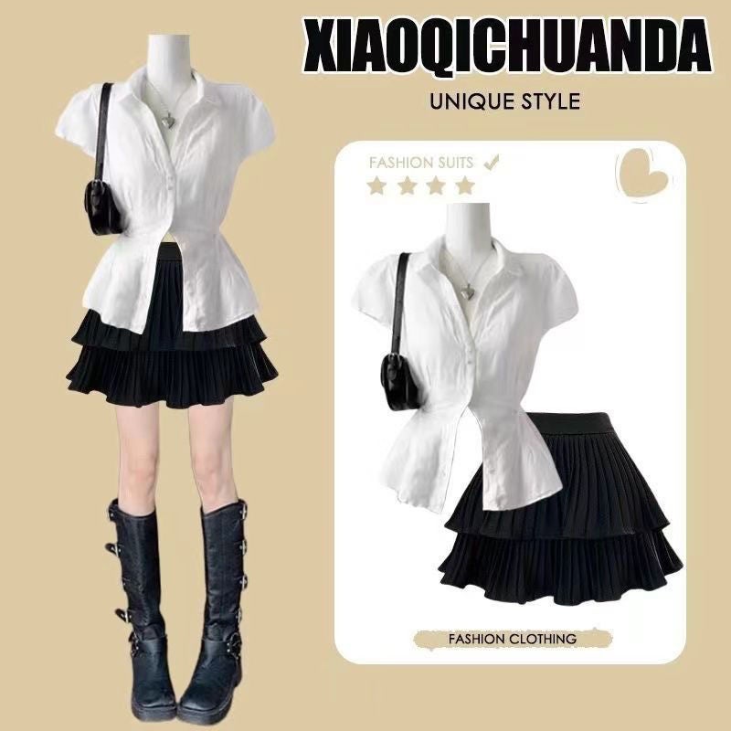 Summer suit Short-sleeved 2024 New High-end Fashion Top Slimming Age-reducing All-match High Skirt Two-piece Set Short skirt single piece