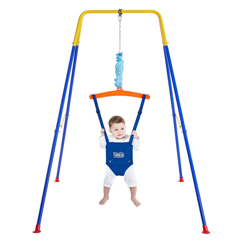 FUNLIO Baby Jumper with Stand for 624 Months Infant Jumper for IndoorOutdoor PlayBaby Bouncer for Baby GirlBoy with Adjustable Chain Easy to Assemble Store with Stand Blue