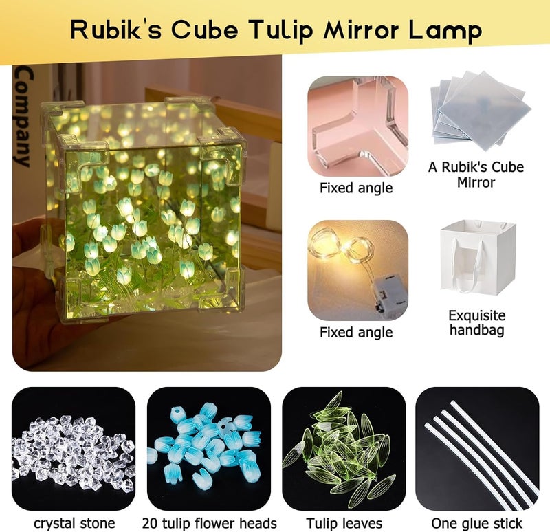 FOMQUAZLI Acrylic Tulip Night Light,Led Decorative Nights Lamp for Bedroom,Handmade DIY Magic Cube Tulips Flower Table Lamp and Mirror 2 in 1,21 Flowers Birthday Gifts for Women and Girl Gifts, Clear - Image 5