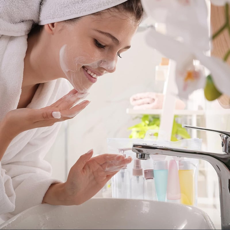 مجموعة من 11 قطعة: زجاجات سفر قابلة لإعادة التعبئة بسعات 30/50/60/80 مل، عبوات كريم صغيرة، زجاجة بخاخ شفافة، موزع شامبو بمضخة، ملحقات سفر لمستحضرات التجميل - Image 4