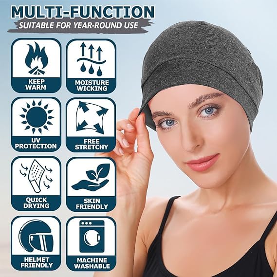 PAROPKAR 100% Cotton Lycra Skull Caps Lightweight Beanie Sleep Hats Breathable Helmet Liner Cap Cycling Hat Cap for Men and Women (Turquoise Blue Dark Grey) - Image 3