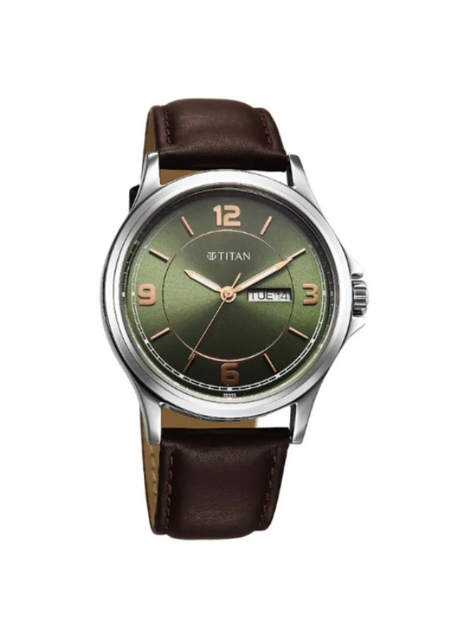تيتان Titan Neo Arabic Analog with Day Date Green Dial Brown Leather Strap Watch for Men 1870sl12