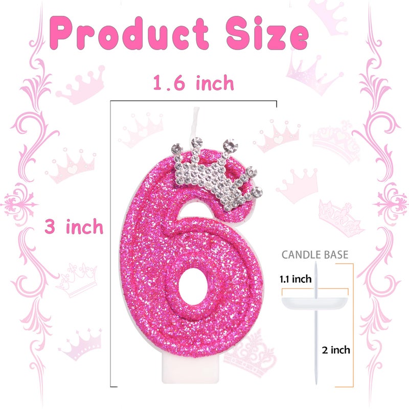 ElekFX Hot Pink Number 6 Birthday Candle, Glitter Crown Cake Topper 2.76 inch, Pink Princess Birthday Party Decorations for Girls 6th Birthday - Image 2