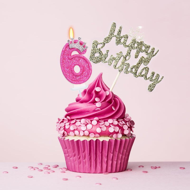 ElekFX Hot Pink Number 6 Birthday Candle, Glitter Crown Cake Topper 2.76 inch, Pink Princess Birthday Party Decorations for Girls 6th Birthday - Image 3