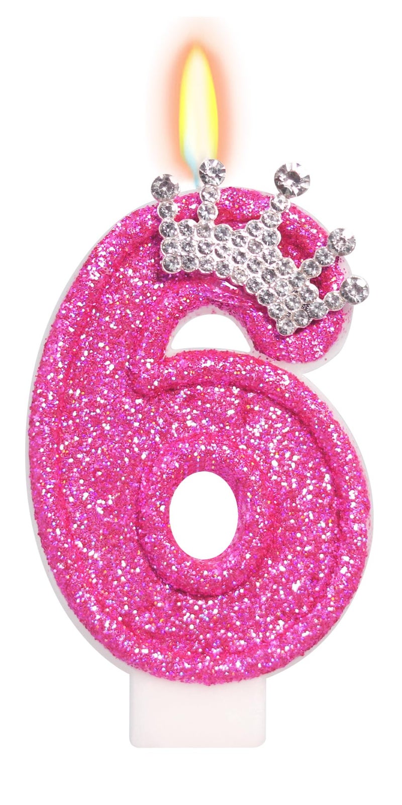 ElekFX Hot Pink Number 6 Birthday Candle, Glitter Crown Cake Topper 2.76 inch, Pink Princess Birthday Party Decorations for Girls 6th Birthday - Image 1