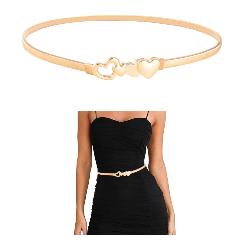 E-Clover Womens Fashion Metal Stretch Waist Skinny Belt Waistband, Gold Heart, 0.8CM(W) x 70CM(L) - Image 1